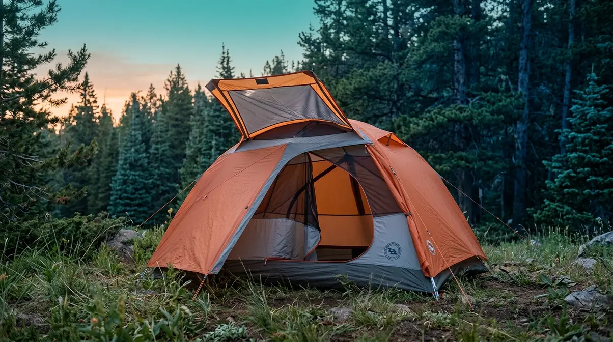 Camping tent pitched in forest with roof vent and lower door open for cross-ventilation airflow
