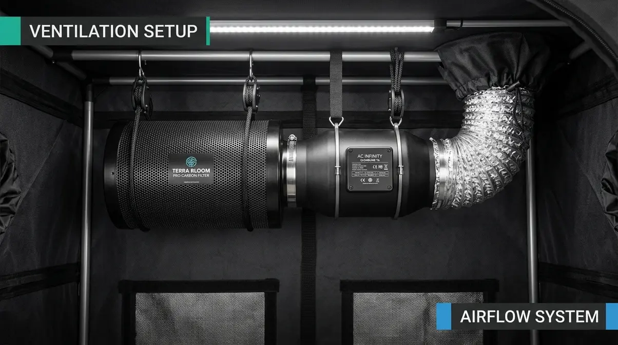Grow tent interior showing inline fan and carbon filter mounted at top with ducting connected to exhaust port