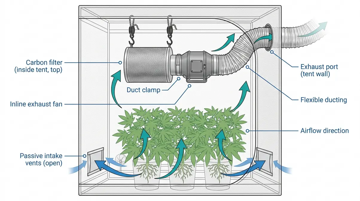 Labeled diagram of grow tent showing inline fan and carbon filter at top with passive intake vents open at bottom
