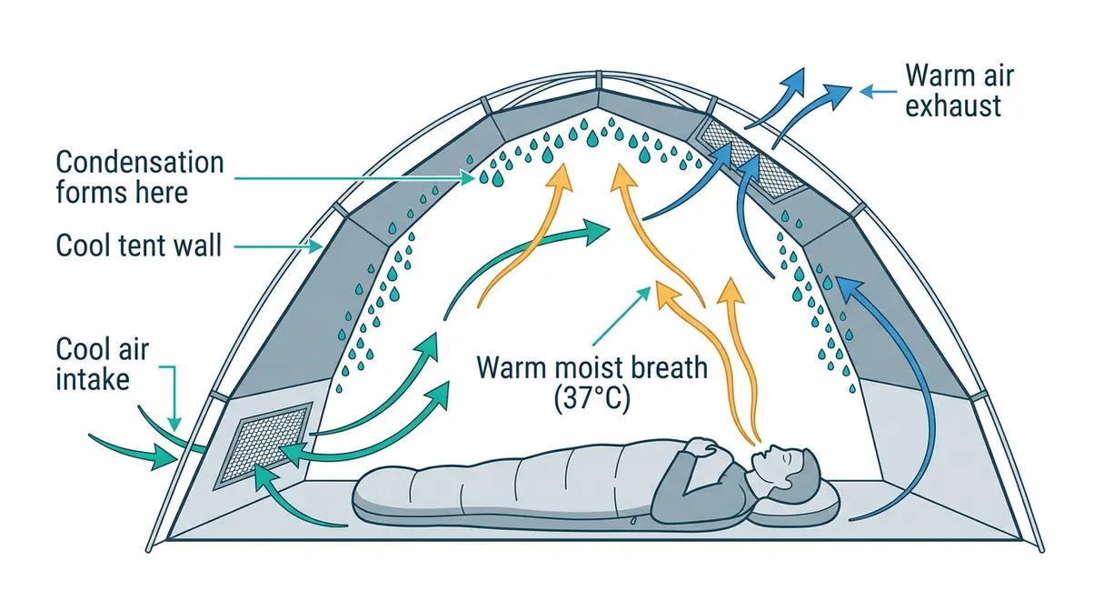Diagram showing warm breath rising inside a tent and condensing on cold tent walls illustrating chimney ventilation