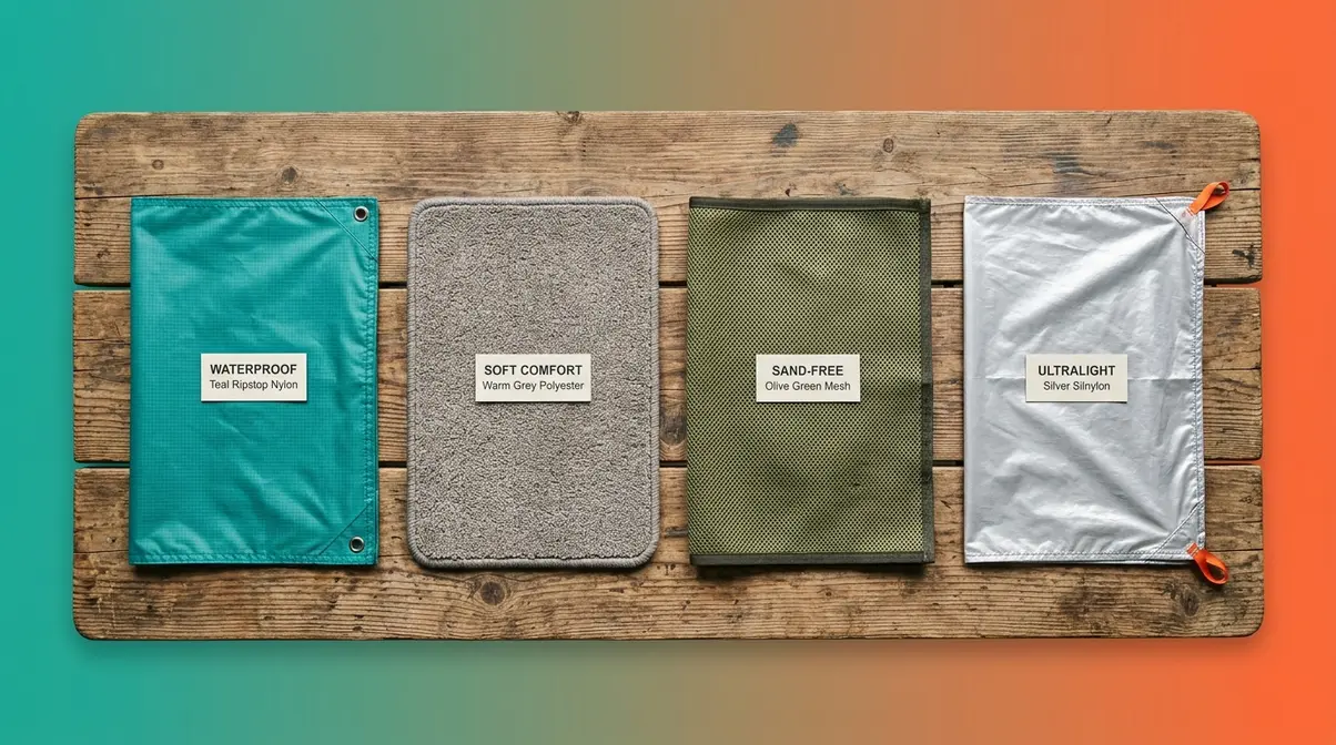 Four types of tent vestibule mats laid out for comparison — waterproof, soft, sand-free, and ultralight