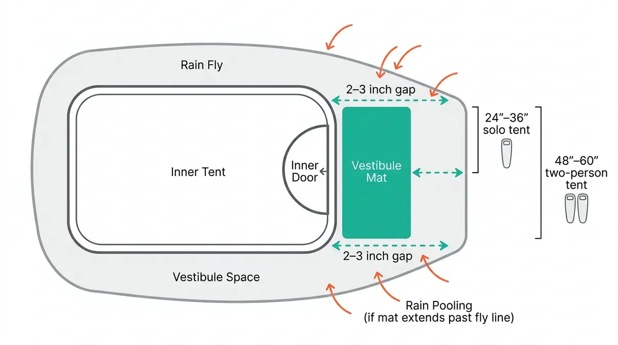 Diagram showing correct tent vestibule mat placement inside the fly line with sizing measurements