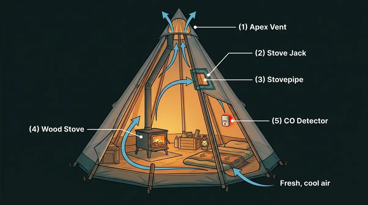 Hot tent teepee setup diagram showing wood stove stovepipe stove jack apex vent and CO detector placement