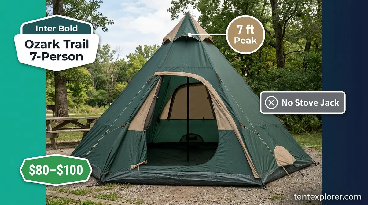Ozark Trail 7-person teepee tent budget camping shelter with 7-foot peak height