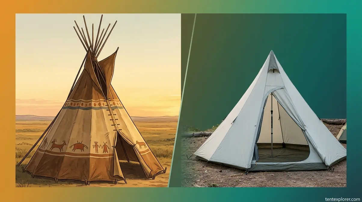 Traditional Great Plains tipi versus modern recreational teepee tent showing historical design evolution