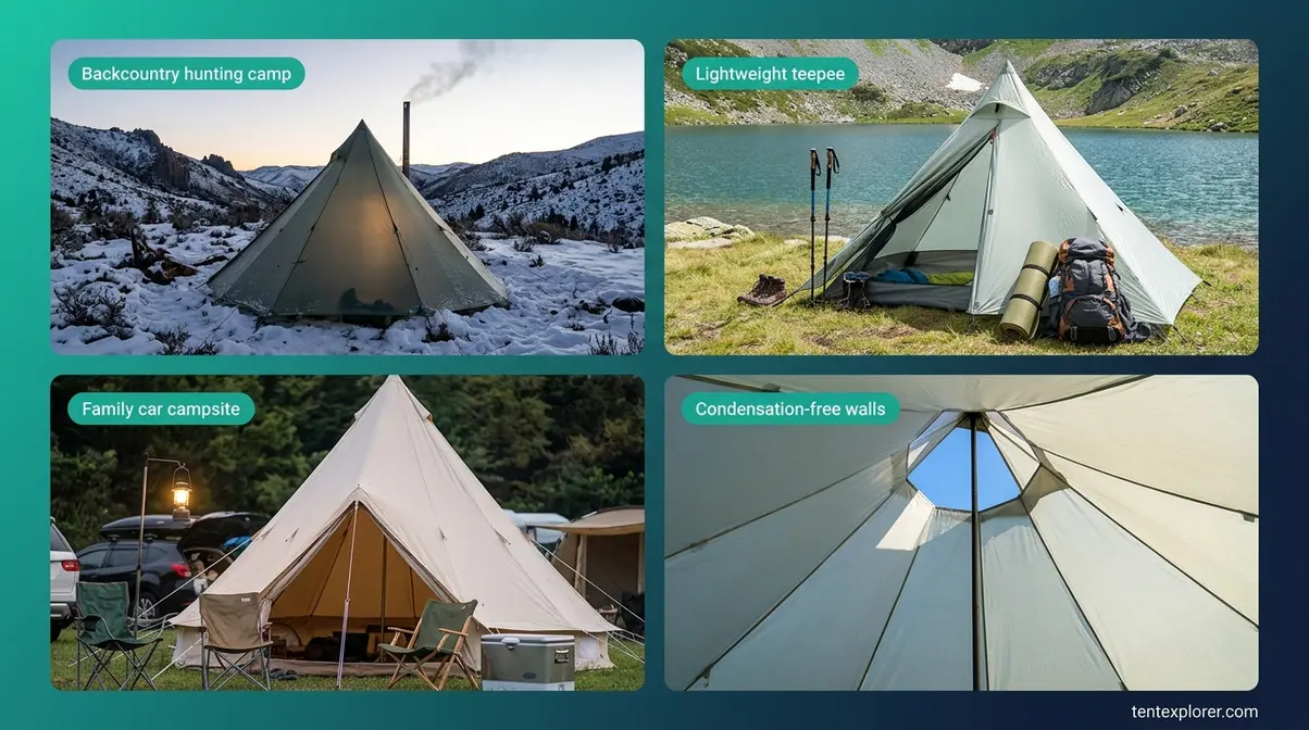 Teepee tent use cases showing hot tenting backpacking family camping and ventilation scenarios