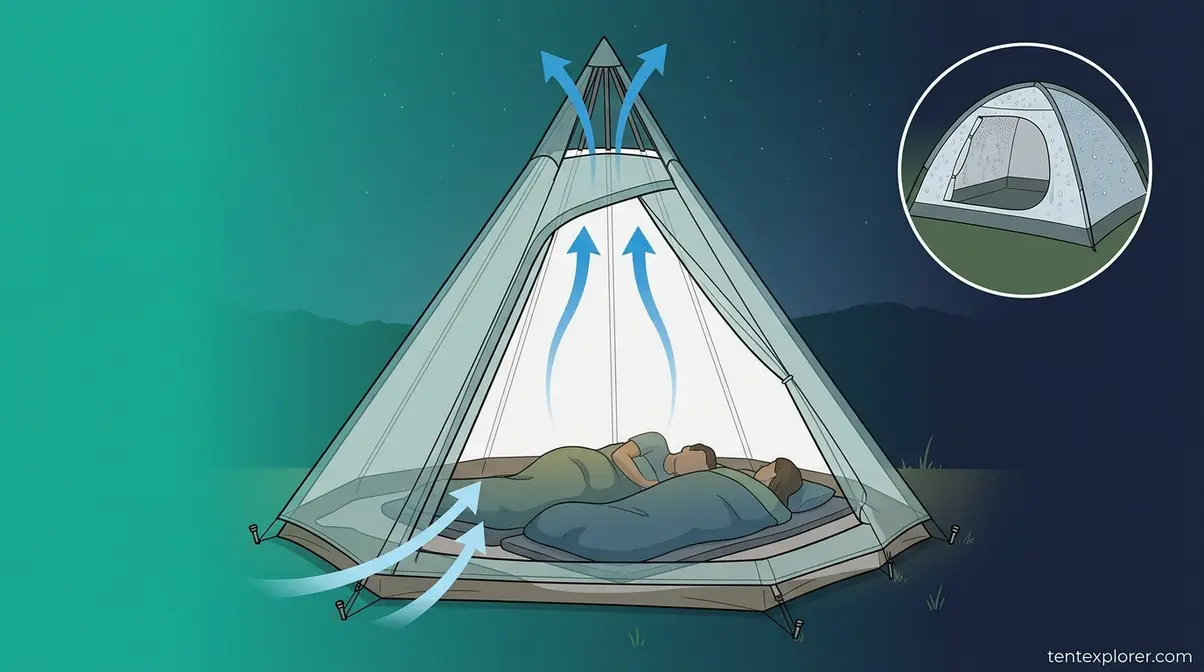 Teepee tent ventilation diagram showing apex vent airflow and condensation management for camping