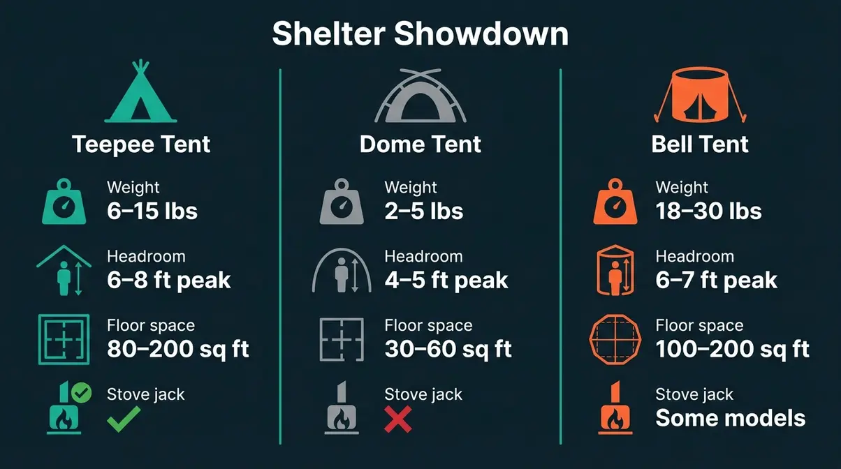Tent vs teepee and bell tent infographic comparing weight headroom floor space and stove compatibility