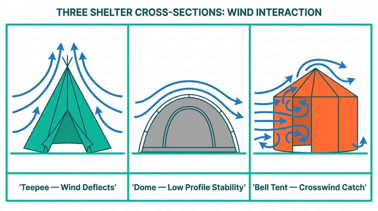 Tent vs teepee wind deflection comparison diagram showing cone dome and bell tent airflow patterns