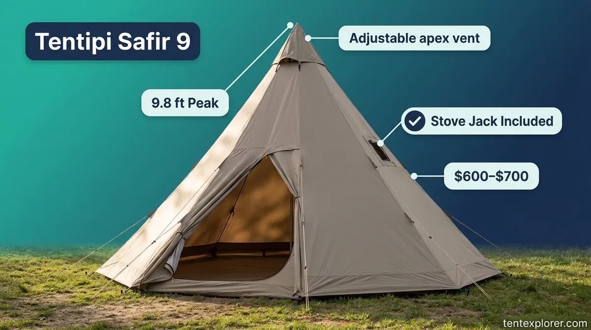 Tentipi Safir 9 teepee tent with stove jack and 9.8-foot peak height for group camping