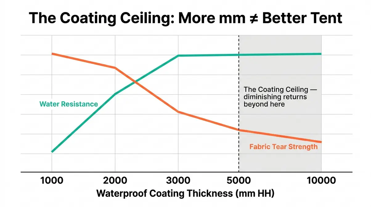 Chart showing the coating ceiling tradeoff where higher mm ratings reduce tent fabric tear strength