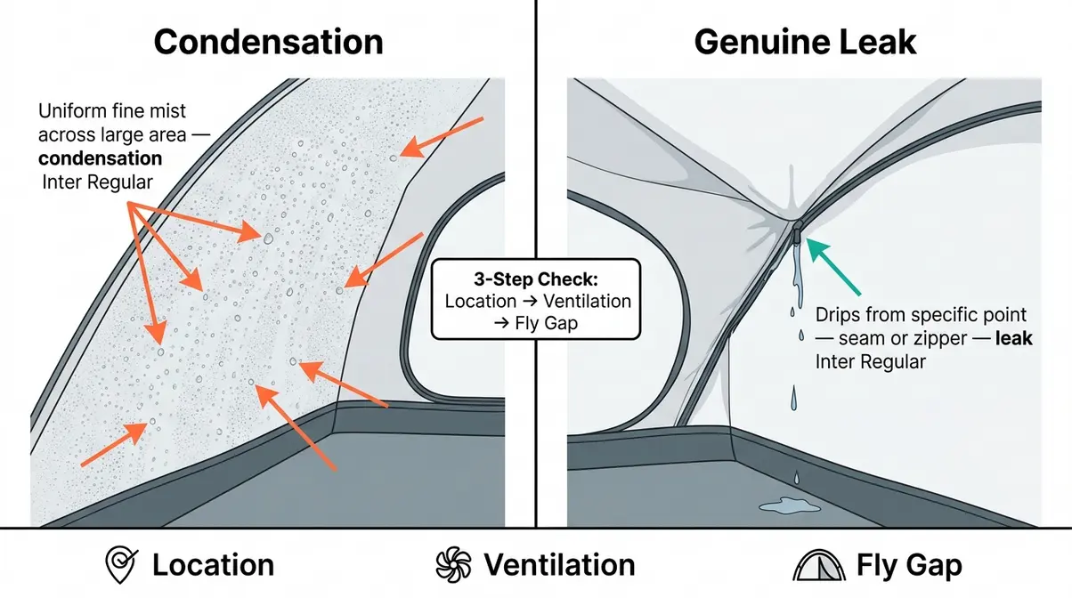 Tent condensation versus leak diagnosis diagram showing uniform mist versus drip-point moisture patterns