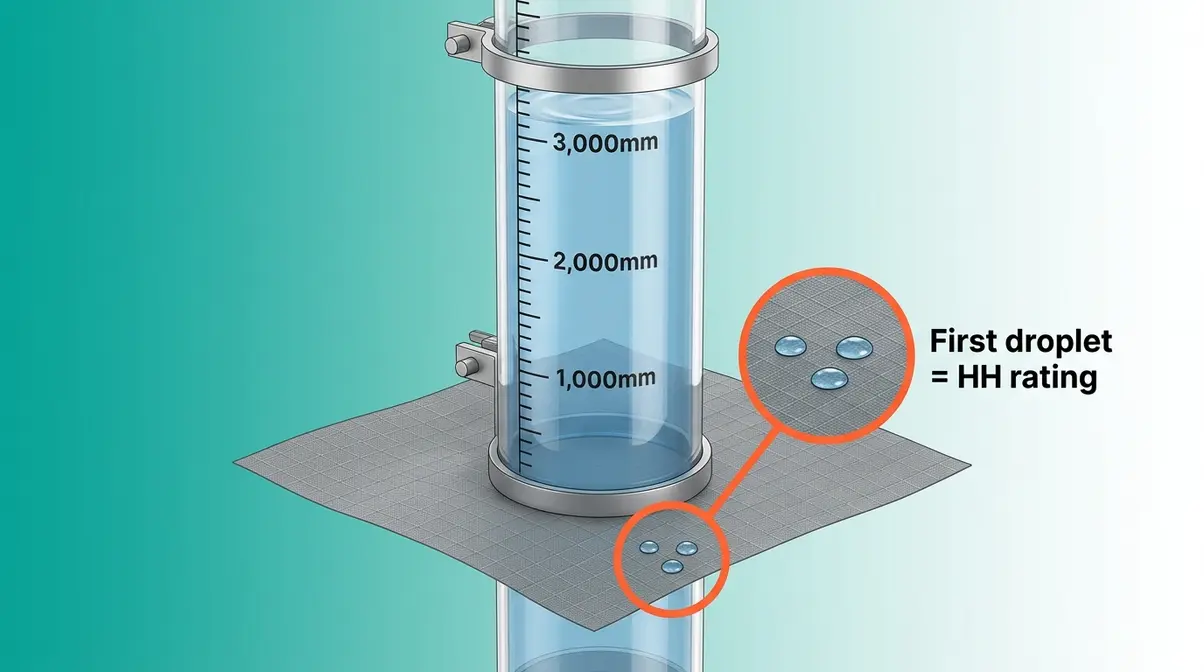 Hydrostatic head test showing water column measuring tent fabric waterproof rating in millimeters