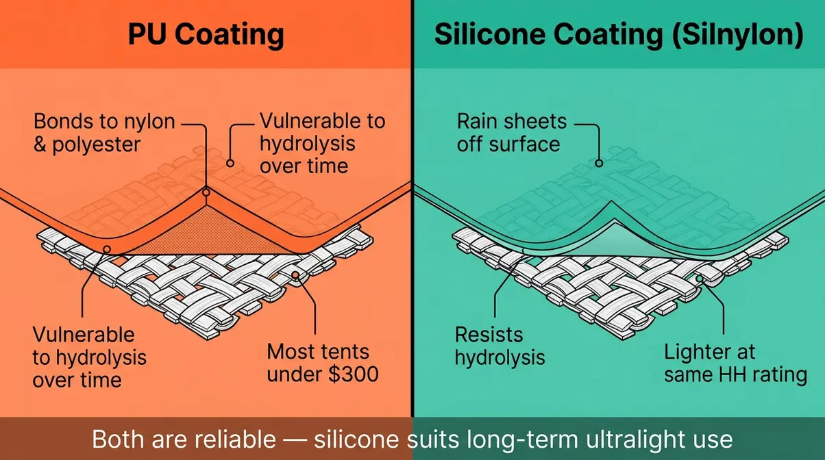 PU versus silicone tent coating comparison showing durability and hydrolysis resistance differences