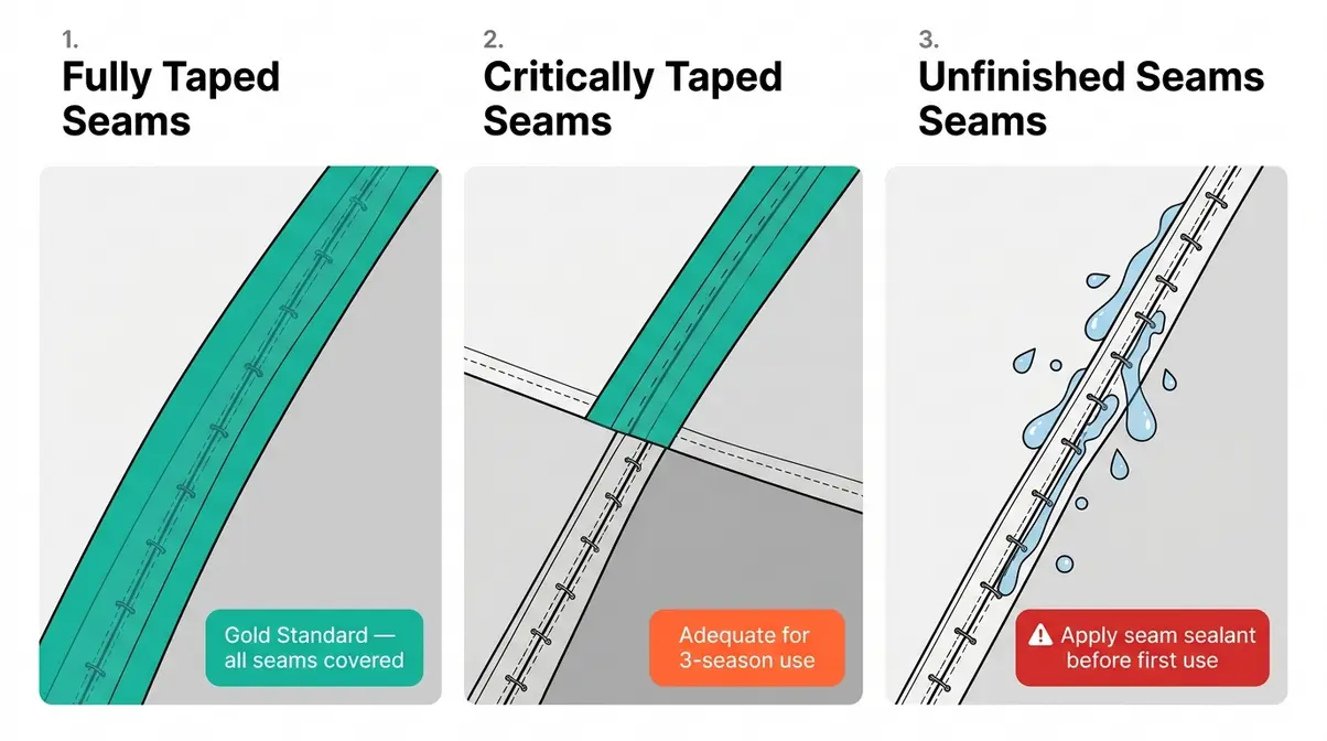 Three seam construction types compared — fully taped critically taped and unfinished tent seams