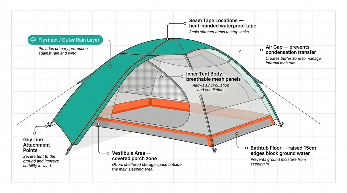 Tent anatomy diagram showing flysheet bathtub floor seam tape and rainfly waterproofing roles