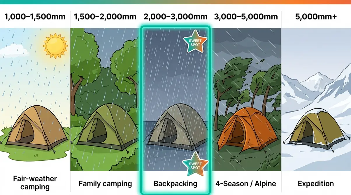 Tent waterproof rating tiers from 1000mm to 5000mm matched to weather conditions and camping styles