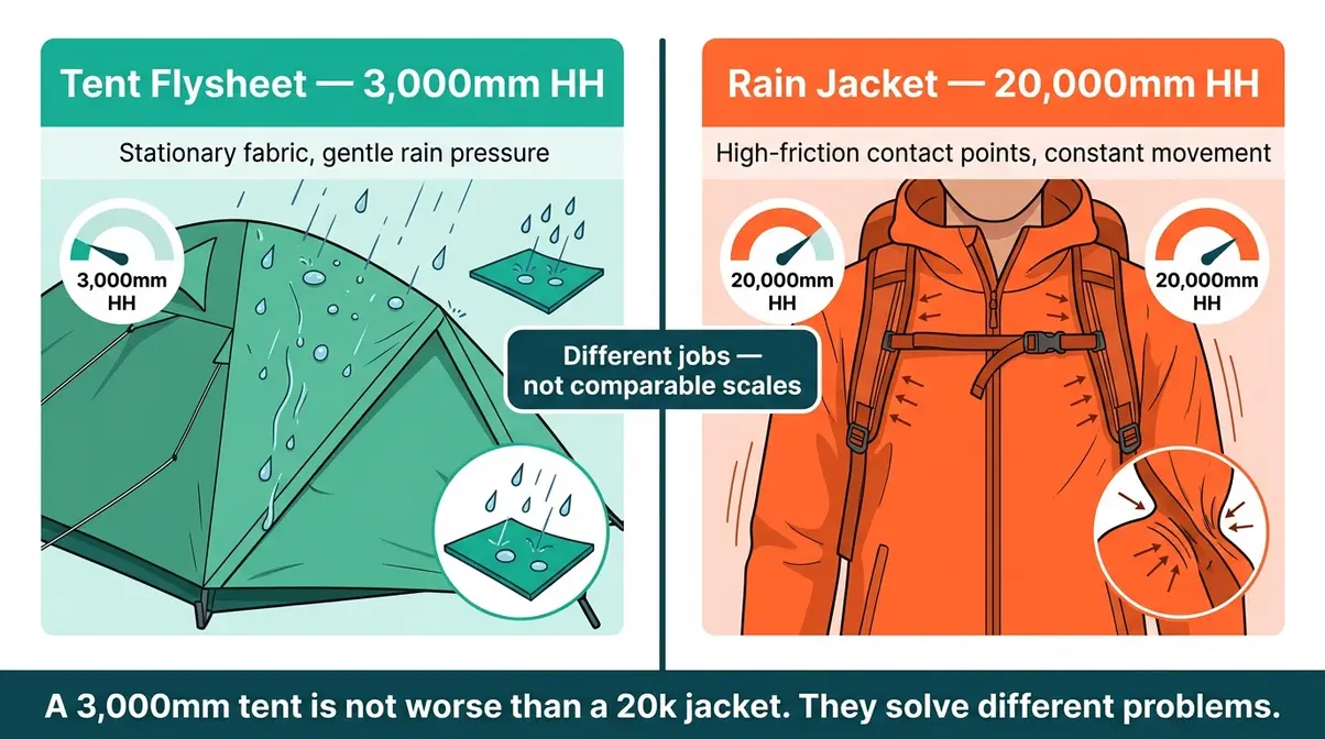 Tent versus rain jacket waterproof rating comparison showing why 3000mm tent equals 20k jacket performance