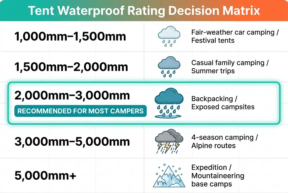 Tent waterproof ratings chart showing 1000mm to 5000mm conditions and camping styles