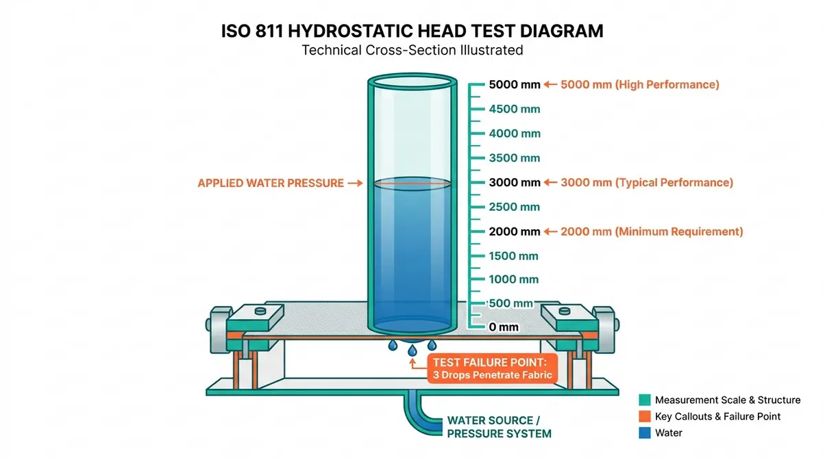 Diagram of the ISO 811 hydrostatic head test showing water column height and tent fabric sample with mm measurement labels