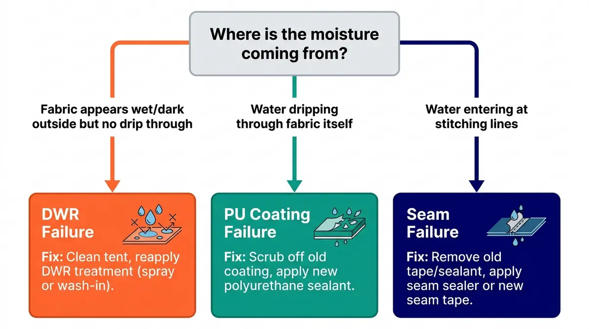 Flowchart diagram for diagnosing tent leaks with three branches covering DWR failure, PU coating failure, and seam failure with fix callouts