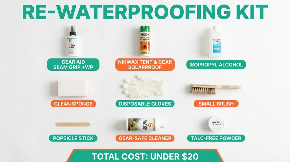 Flat-lay checklist of tent re-waterproofing materials including Gear Aid Seam Grip, Nikwax, isopropyl alcohol, gloves, sponge and brush