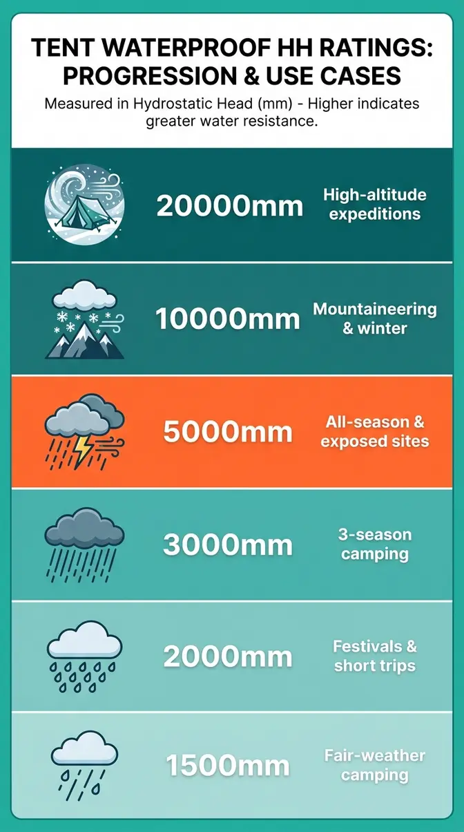 Infographic showing tent waterproof ratings from 1500mm to 20000mm with weather icons and recommended use cases for each level
