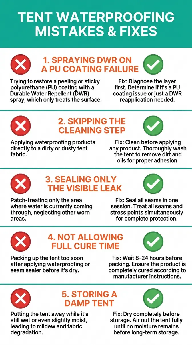 Infographic listing five common tent waterproofing mistakes with red X icons for wrong actions and green checkmarks for correct fixes
