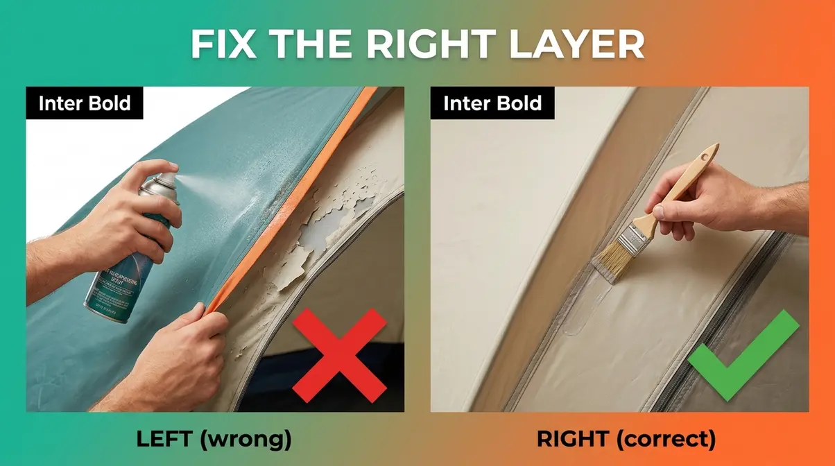 Split illustration showing wrong approach of spraying DWR on PU coating failure versus correct approach of seam sealing the right layer