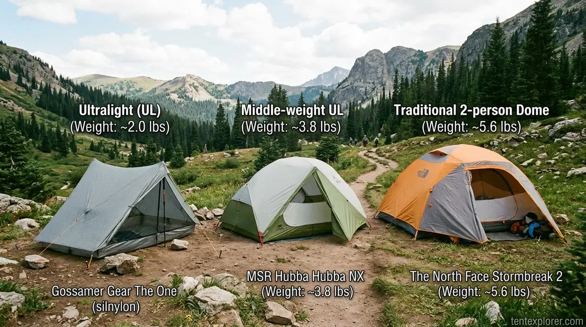 Four backpacking tent weight classes from ultralight to heavyweight