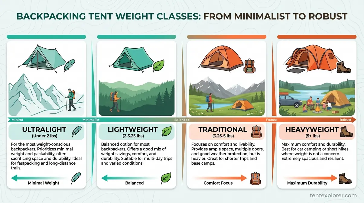 Backpacking tent weight classes infographic showing ultralight lightweight traditional and heavyweight tent weight ranges in pounds