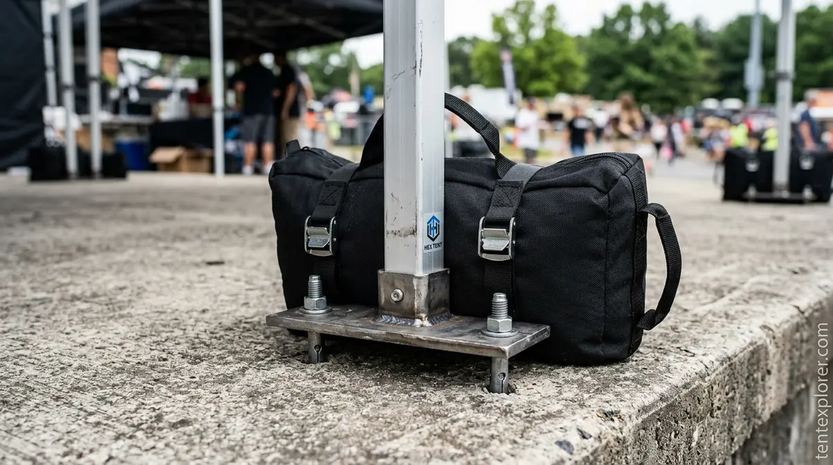 Canopy tent secured with heavy ballast weights on concrete surface