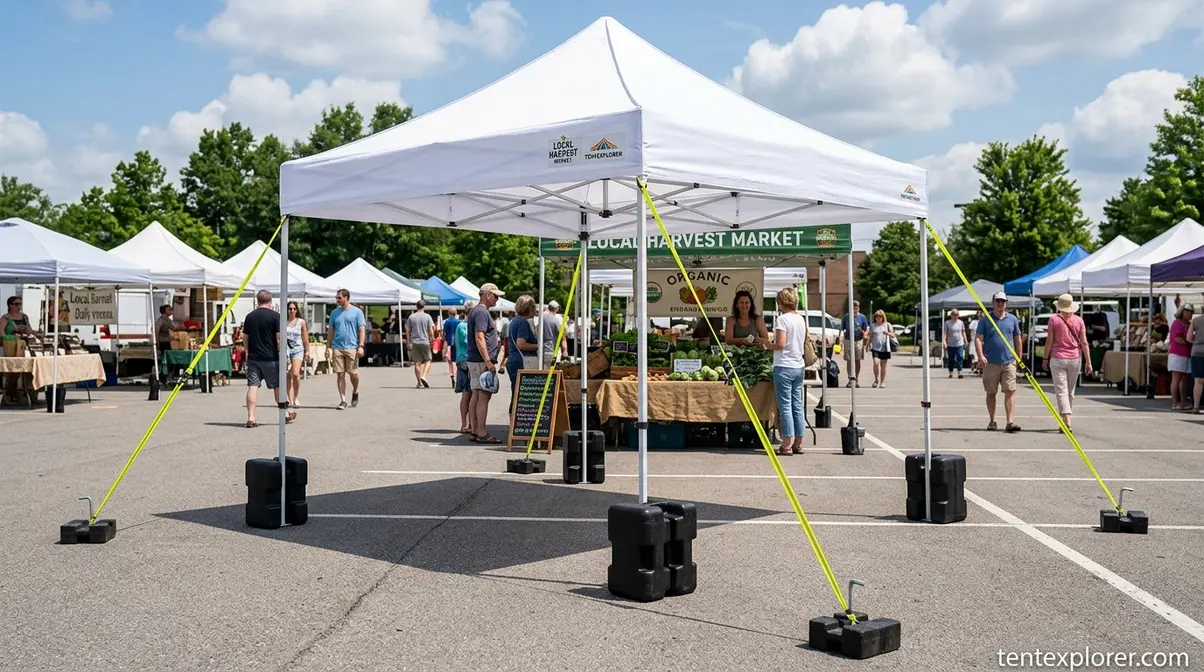Properly secured canopy tent demonstrating event safety precautions