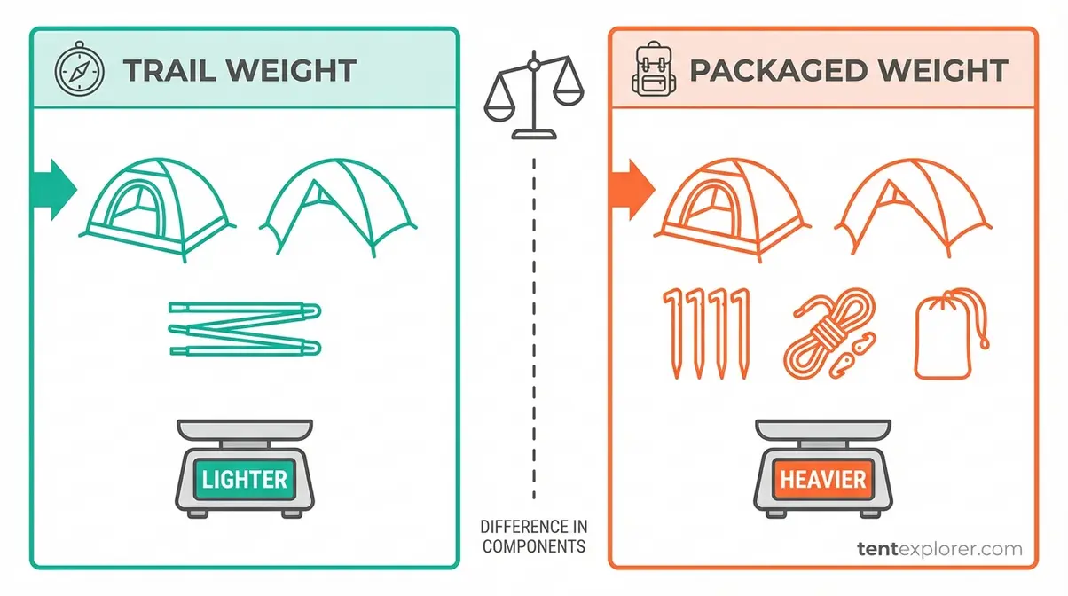 Trail weight vs packaged weight tent components diagram showing what each measurement includes for backpacking tents