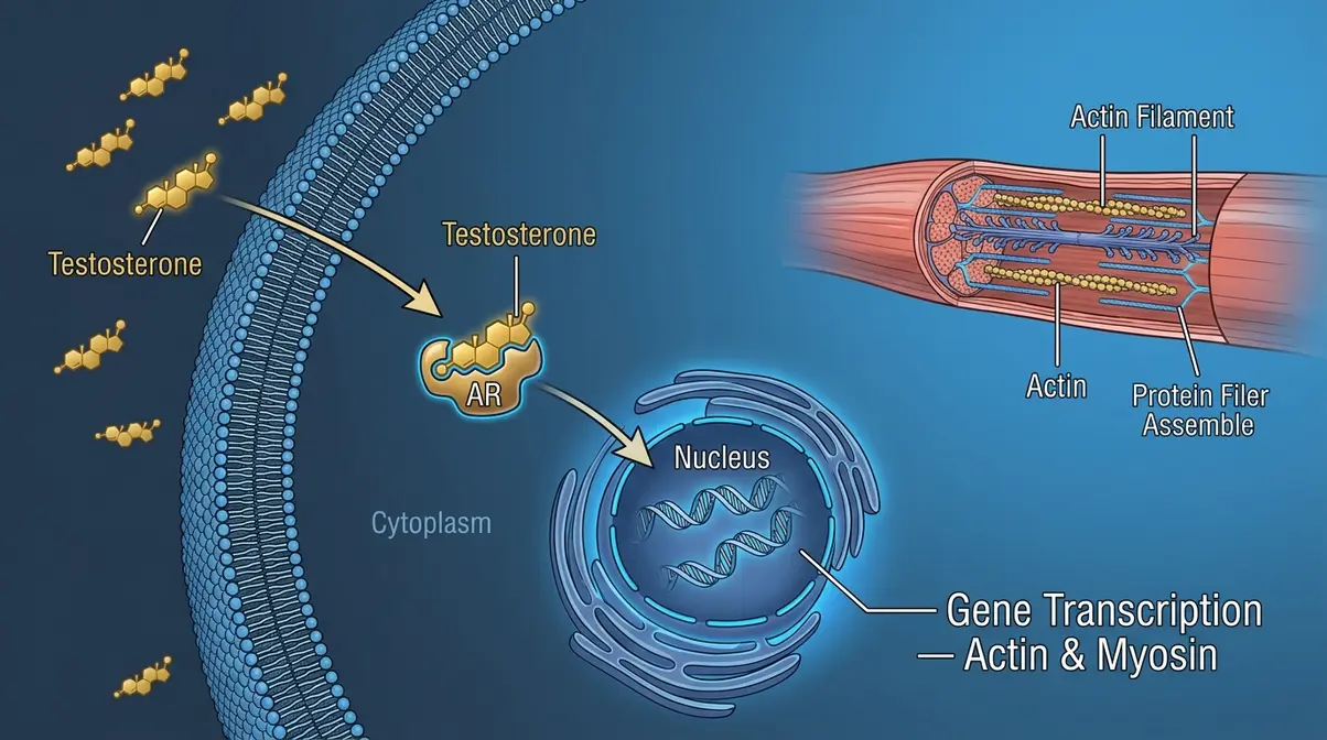 Androgen receptor pathway in muscle cell showing testosterone binding triggering gene transcription for muscle protein synthesis
