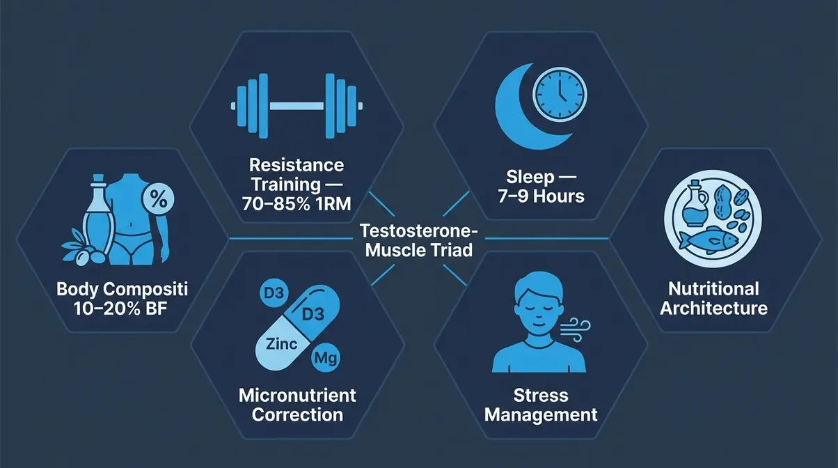 Six natural testosterone optimization protocols shown as hexagonal grid including resistance training, sleep, nutrition, micronutrients, stress management, and body composition