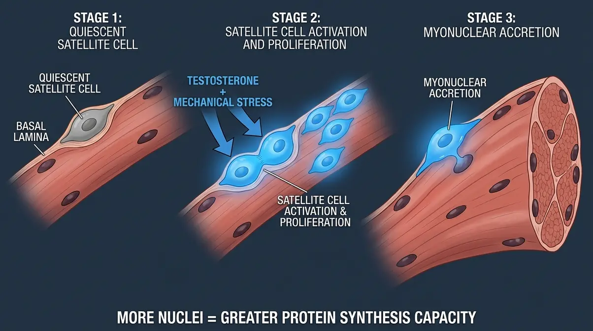 Satellite cell activation diagram showing three stages from quiescent cell to myonuclear accretion in muscle fiber