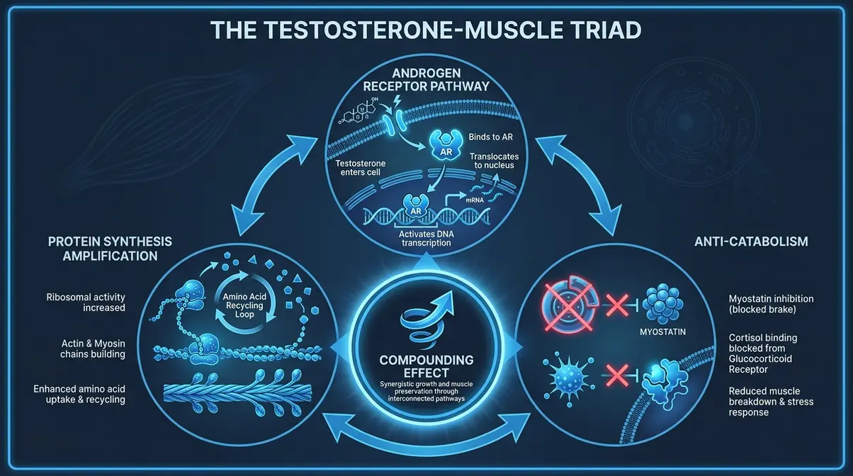 Diagram showing testosterone binding to androgen receptors triggering protein synthesis, satellite cell activation, and myostatin inhibition