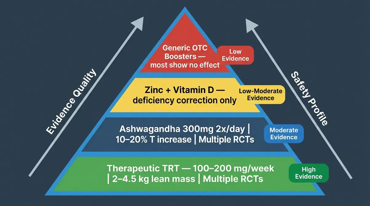 Evidence-tier pyramid for testosterone supplements and TRT showing ashwagandha, zinc, vitamin D, and therapeutic TRT ranked by clinical evidence quality
