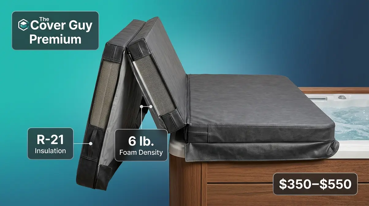 The Cover Guy Premium hot tub cover showing marine-grade vinyl exterior and R-21 foam insulation