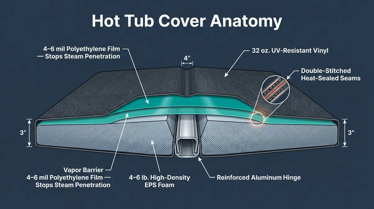 Hot tub cover cross-section anatomy diagram showing marine-grade vinyl, vapor barrier, foam core density, and aluminum hinge layers