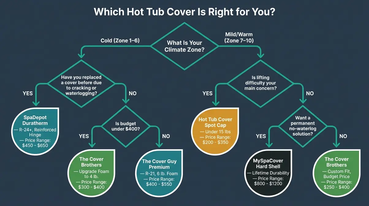 Hot tub cover decision flowchart guiding buyers from climate zone selection to best cover recommendation