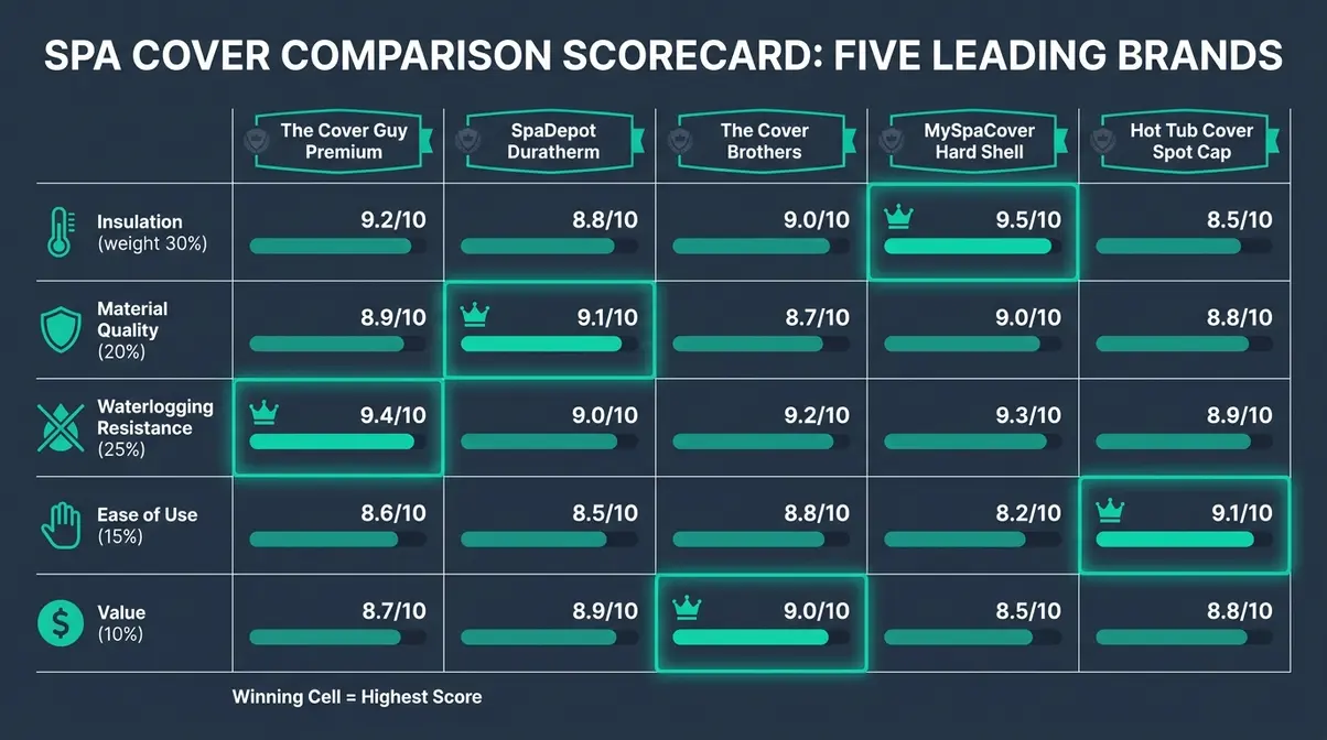 Best hot tub covers evaluation scorecard comparing top five picks across five weighted performance criteria
