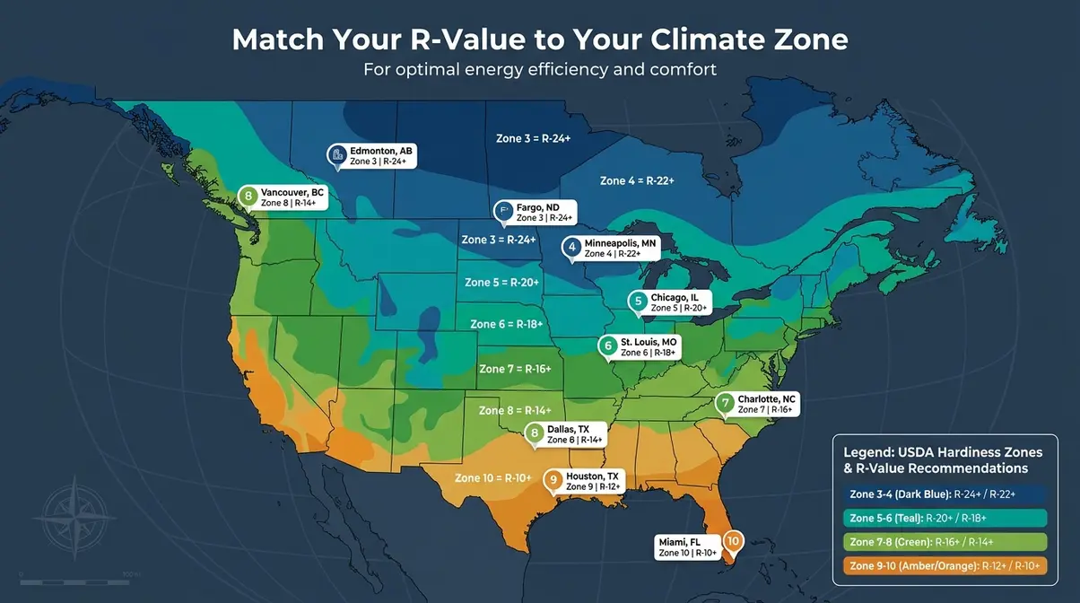 Hot tub cover R-value requirements map for US and Canada climate zones showing recommended insulation ratings