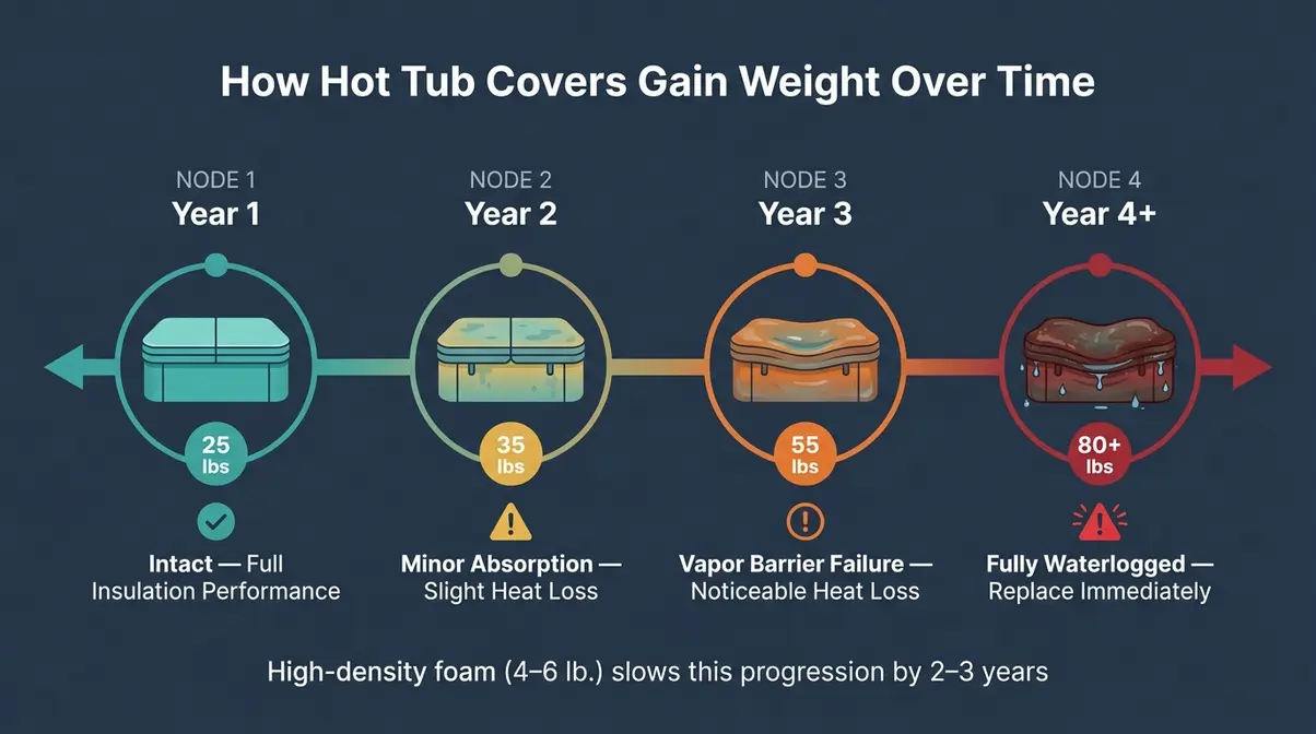 Hot tub cover waterlogging timeline infographic showing weight increase from 25 lbs at year one to 80 lbs by year four