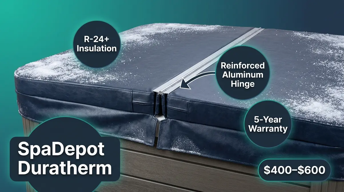 SpaDepot Duratherm spa cover with reinforced aluminum hinge and R-24 insulation for cold climates