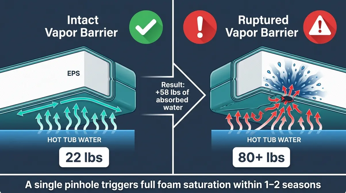 Hot tub cover vapor barrier failure diagram showing steam penetration path through ruptured barrier into foam core causing waterlogging