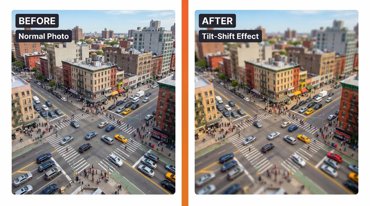 Before and after comparison of city street photo with and without tilt-shift miniature effect applied