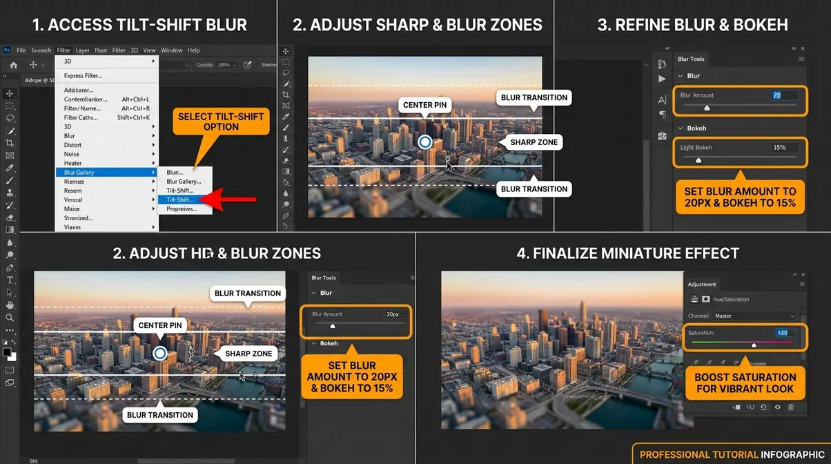 Photoshop Blur Gallery tilt-shift filter panel showing blur pin, sharp zone, and transition zone controls