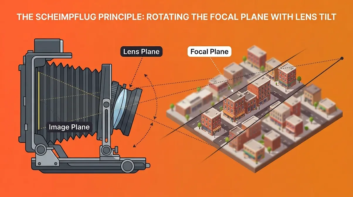 Scheimpflug principle diagram showing how tilted lens rotates focal plane for tilt-shift photography effect